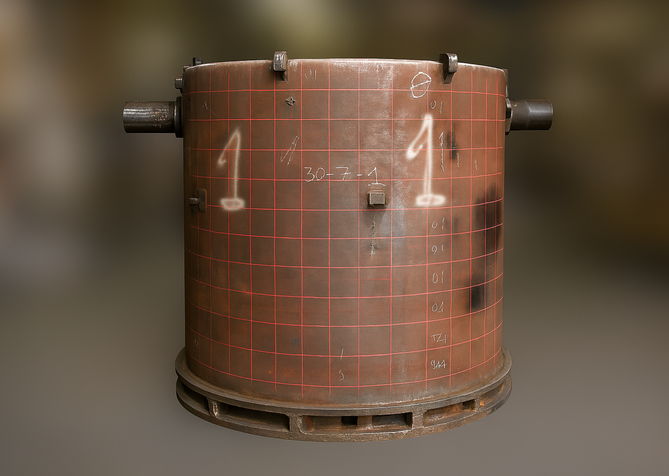 Large cylindrical cast metal component with a reference grid and identification marks